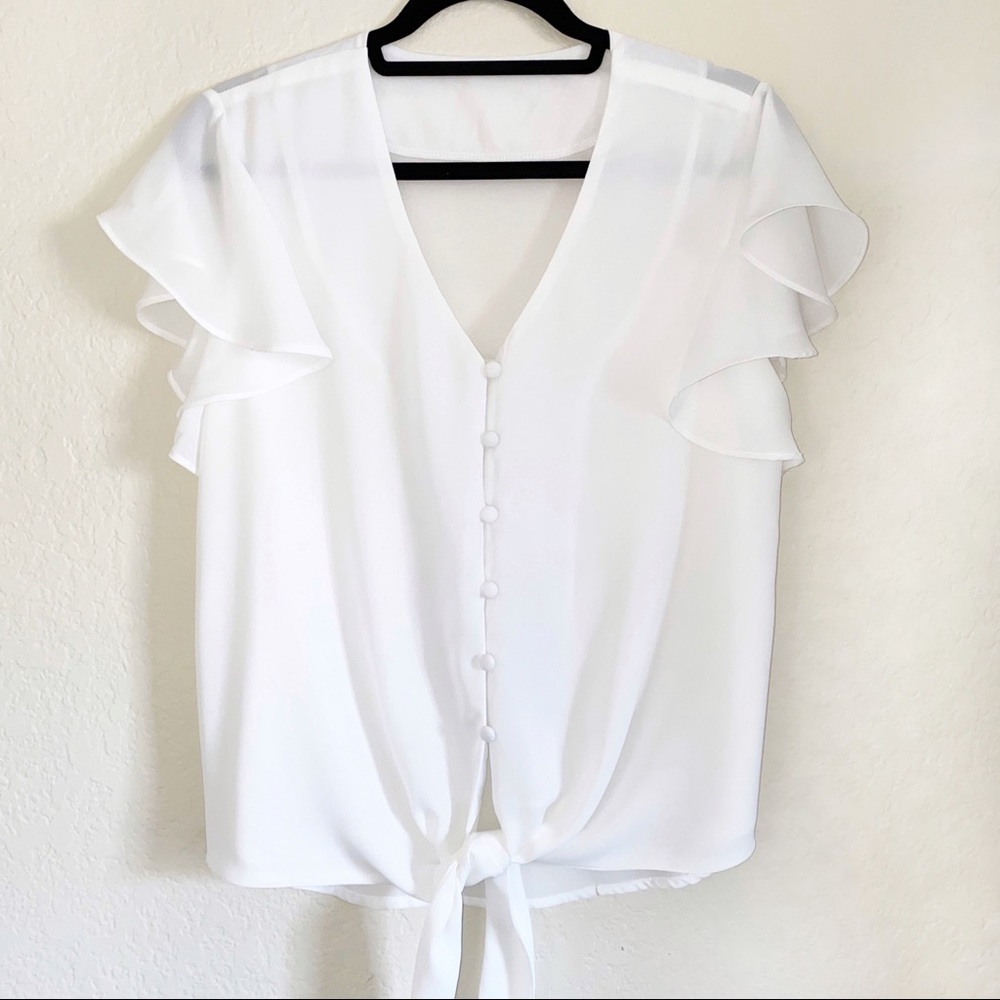 White Chiffon V-Neck Top w/ Front Tie Cap Sleeves